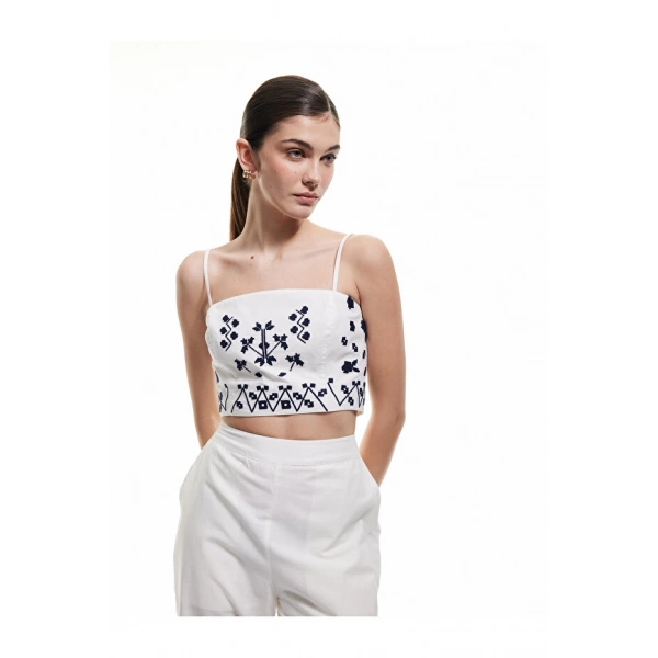 Koton Kadın Slim Fit Pamuklu Etnik Desenli İnce Askılı Crop Büstiyer