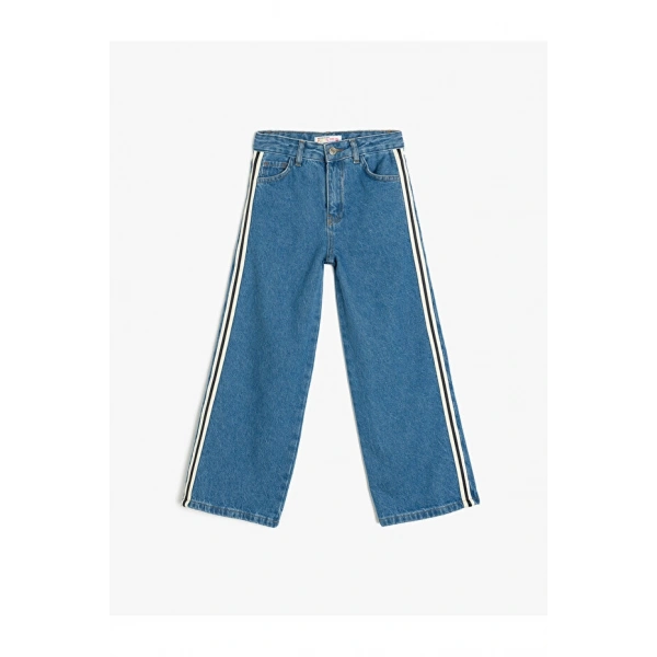 Koton Kız Çocuk Şerit Detaylı Pamuklu Bol Paça Denim Pantolon