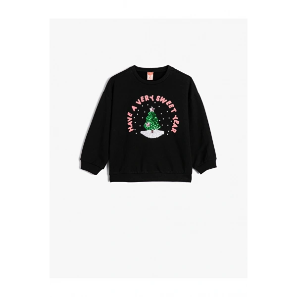 Koton Sweatshirt Yılbaşı Temalı Pullu Payetli Şardonlu Pamuklu