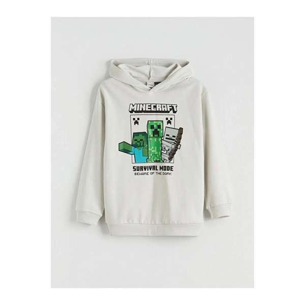 LC Waikiki Bej Kapüşonlu Baskılı Erkek Çocuk Kalın Sweatshirt