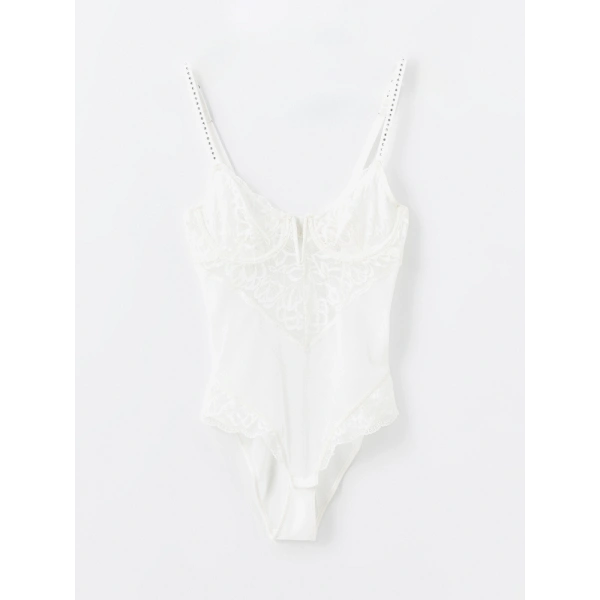 LC Waikiki Ekru V Yaka Taş Baskılı Askılı Bodysuit
