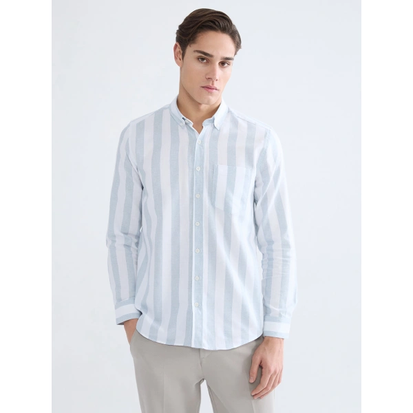LC Waikiki Erkek Mavi Regular Fit Çizgili Armürlü Gömlek