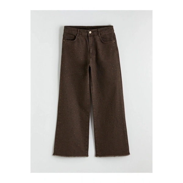 LC Waikiki Kahverengi Wideleg Taşlı Kız Çocuk Jean Pantolon