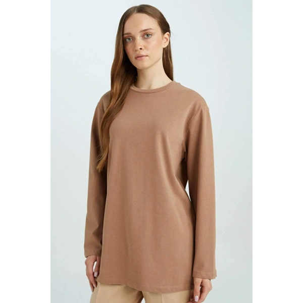 DE FACTO Regular Fit Bisiklet Yaka Basic Düz Uzun Kollu Tişört Tunik