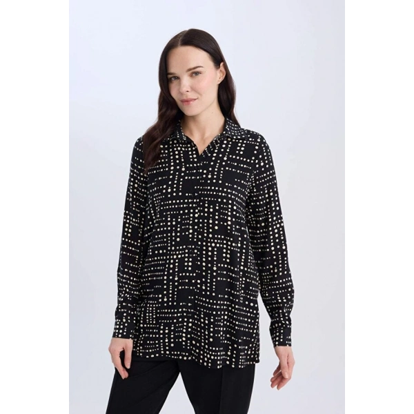Defacto Kadın Loose Fit Gömlek Yaka Desenli Uzun Kollu Gömlek Tunik