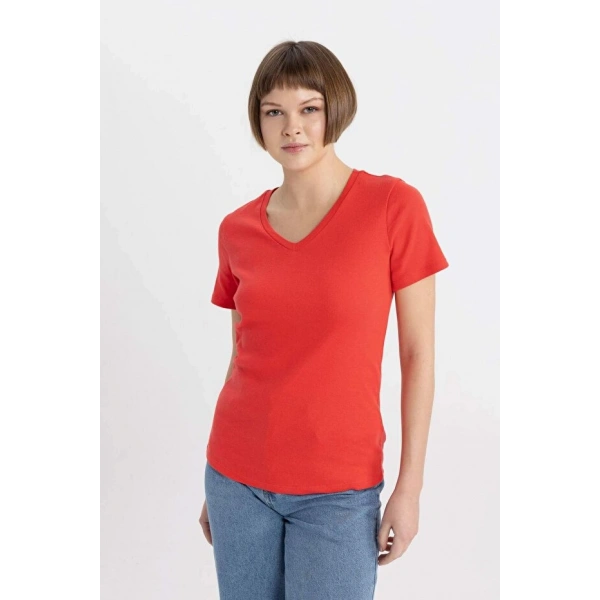 Defacto Kadın Slim Fit Dar Kesim V Yaka Ribana Basic Düz Kısa Kollu Tişört