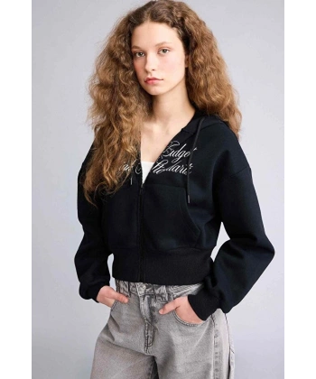 DEFACTO Kadın Kapüşonlu Baskılı Fermuarlı Sweatshirt