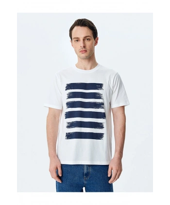 KOTON Bisiklet Yaka Çizgi Baskılı Pamuklu Kısa Kollu Slim Fit Tişört