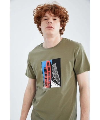 DEFACTO Erkek Slim Fit Bisiklet Yaka Baskılı Pamuklu Tişört