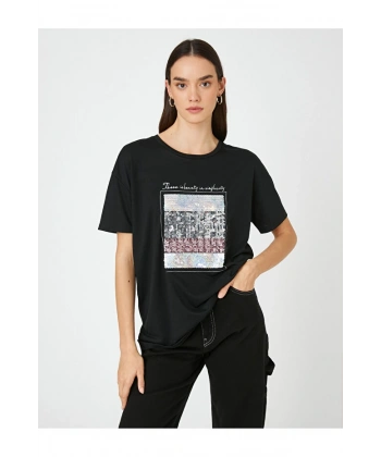 KOTON Kadın Payetli Yazı Baskılı T-shirt