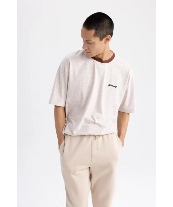 DEFACTO Erkek Oversize Fit Bisiklet Yaka Nakışlı T-shirt
