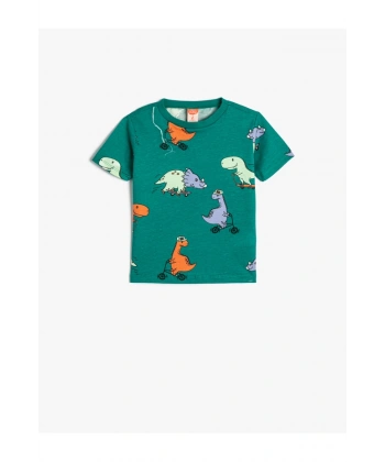 KOTON Erkek Bebek Bisiklet Yaka Dinozor Grafik Baskılı T-shirt