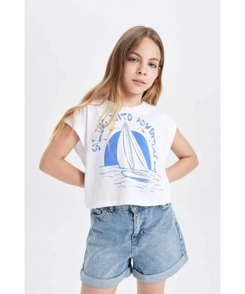 DEFACTO Kız Çocuk Crop Bisiklet Yaka Baskılı Kısa Kollu T-shirt
