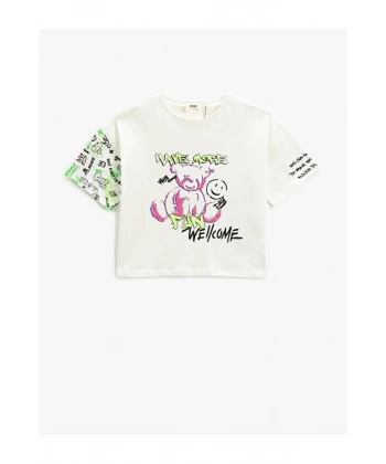 KOTON Kız Çocuk Crop Oversize Baskılı Kısa Kollu T-shirt