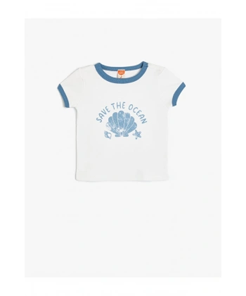 KOTON Kız Çocuk Kısa Kollu Bisiklet Yaka Deniz Kabuğu Baskılı T-shirt