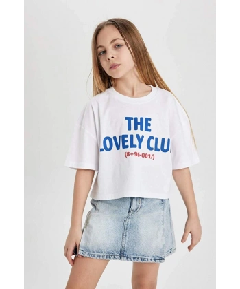 DEFACTO Kız Çocuk Bisiklet Yaka Crop Baskılı Kısa Kollu T-shirt