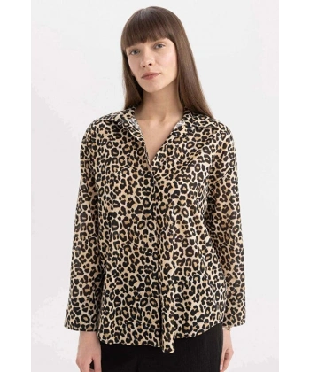 DEFACTO Kadın Oversize Geniş Kalıp Uzun Kollu Leopar Desenli Gömlek