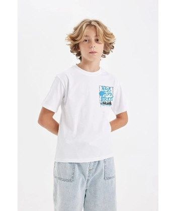 DEFACTO Erkek Çocuk Bisiklet Yaka Baskılı Kısa Kollu T-shirt