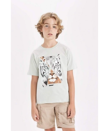 DEFACTO Erkek Çocuk Bisiklet Yaka Baskılı Kısa Kollu T-shirt