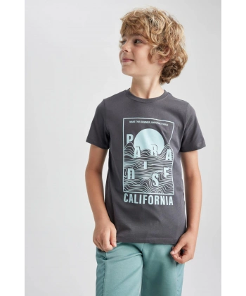 DEFACTO Erkek Çocuk Bisiklet Yaka Baskılı Kısa Kollu T-shirt