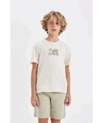 DEFACTO Erkek Çocuk Bisiklet Yaka Baskılı Kısa Kollu T-shirt