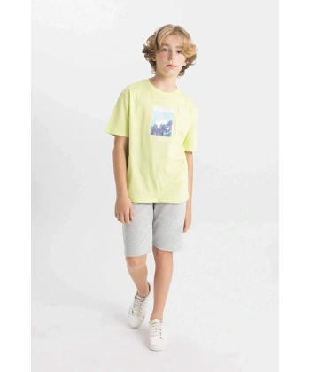 DEFACTO Erkek Çocuk Bisiklet Yaka Baskılı Kısa Kollu T-shirt