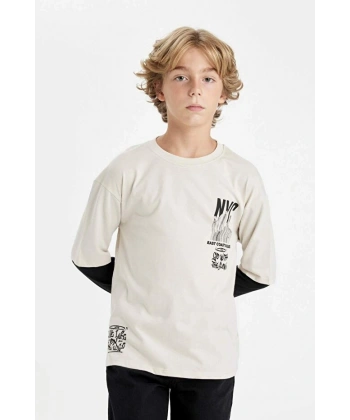 DEFACTO Erkek Çocuk Bisiklet Yaka Baskılı Uzun Kollu T-shirt
