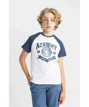 DEFACTO Erkek Çocuk Bisiklet Yaka Baskılı Kısa Kollu T-shirt