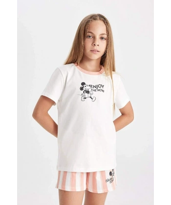 DEFACTO Kız Çocuk Disney Mickey & Minnie Pijama Takımı Kısa Kollu Üst Şort