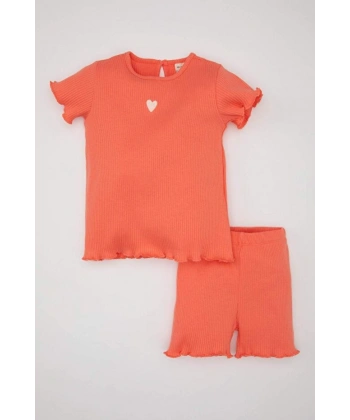 DEFACTO Kız Bebek 2li Takım Fitilli Kaşkorse Bisiklet Yaka Kısa Kollu T-shirt Şort