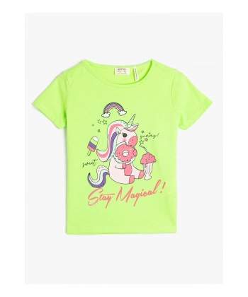 KOTON Kız Çocuk Baskılı Neon Sarı T-shirt