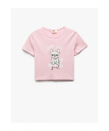 KOTON Kız Çocuk Köpek Baskılı Pamuklu Bisiklet Yaka Kısa Kollu T-shirt