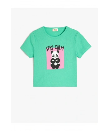 KOTON Kız Çocuk Pamuklu Panda Baskılı Bisiklet Yaka Kısa Kollu Crop T-shirt