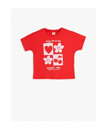 KOTON Kız Çocuk Baskılı Kısa Kollu Bisiklet Yaka Pamuklu T-shirt