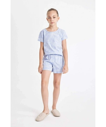 DEFACTO Kız Çocuk Pijama Takımı Desenli Kısa Kollu Üst Şort
