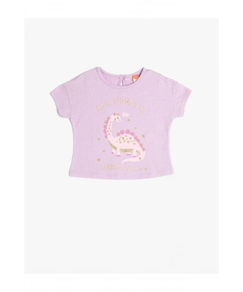 KOTON Kız Bebek Kısa Kollu Bisiklet Yaka Dinozor Baskılı Pamuklu T-shirt