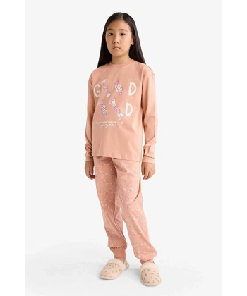 DEFACTO Kız Çocuk Pijama Takımı Baskılı Uzun Kollu Üst Uzun Alt