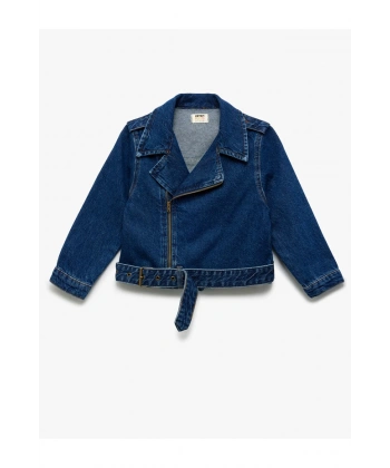 KOTON Kız Çocuk Pamuklu Uzun Kollu Kemer Detaylı Fermuarlı Denim Ceket