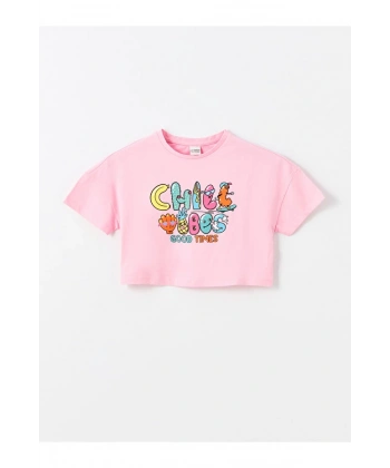 LC Waikiki Kız Çocuk Bisiklet Yaka Baskılı Kısa Kollu Crop Tişört