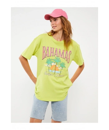 LC Waikiki Kadın Bisiklet Yaka Baskılı Kısa Kollu Oversize Tişört