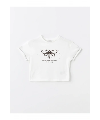 LC Waikiki Kız Çocuk Bisiklet Yaka Baskılı Kısa Kollu Crop Tişört