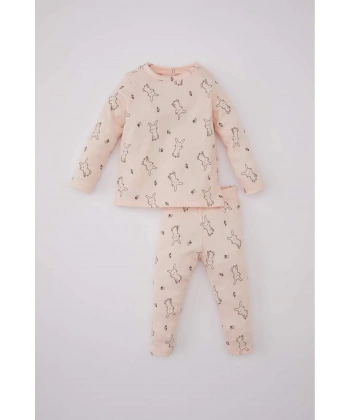 DEFACTO Kız Bebek Tavşan Baskılı Fitilli Kaşkorse Uzun Kollu Pijama Takımı