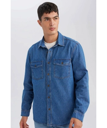 DEFACTO Erkek %100 Pamuk Regular Fit Uzun Kollu Jean Gömlek