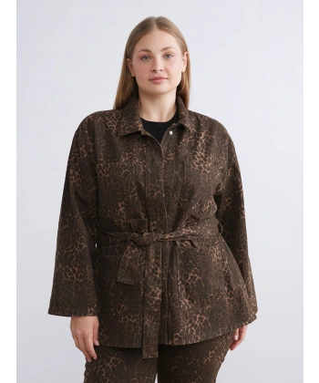 LC Waikiki Kadın Modest Kahverengi Gömlek Yaka Leopar Desenli Jean Ceket