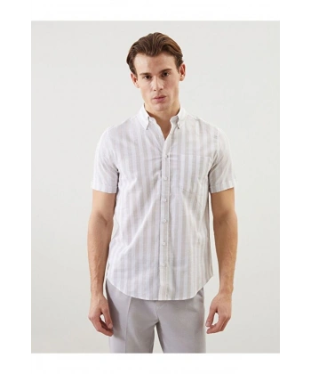 LC Waikiki Erkek Regular Fit Kısa Kollu Çizgili Keten Karışımlı Gömlek