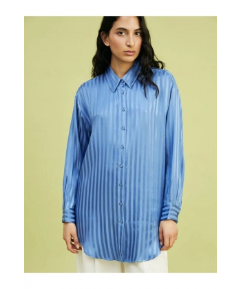LC Waikiki Kadın Modest Çizgili Oversize Saten Gömlek Tunik
