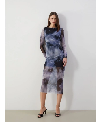 LC Waikiki Vision Lacivert Bisiklet Yaka Batik Desenli Kadın Bodycon Elbise