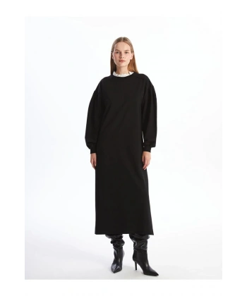 LC Waikiki Kadın Modest Siyah Fırfırlı Dik Yaka Sweatshirt Elbise