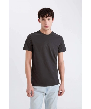 Defacto %100 Pamuk Slim Fit Dar Kesim Bisiklet Yaka Baskılı Kısa Kollu Tişört