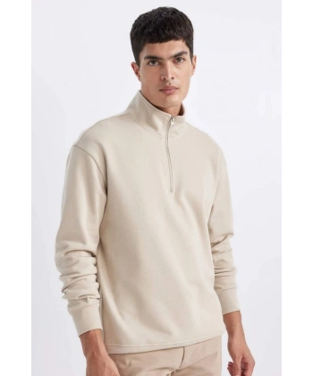 Defacto Comfort Regular Fit Rahat Kalıp Fermuarlı Dik Yaka Basic Düz Sweatshirt